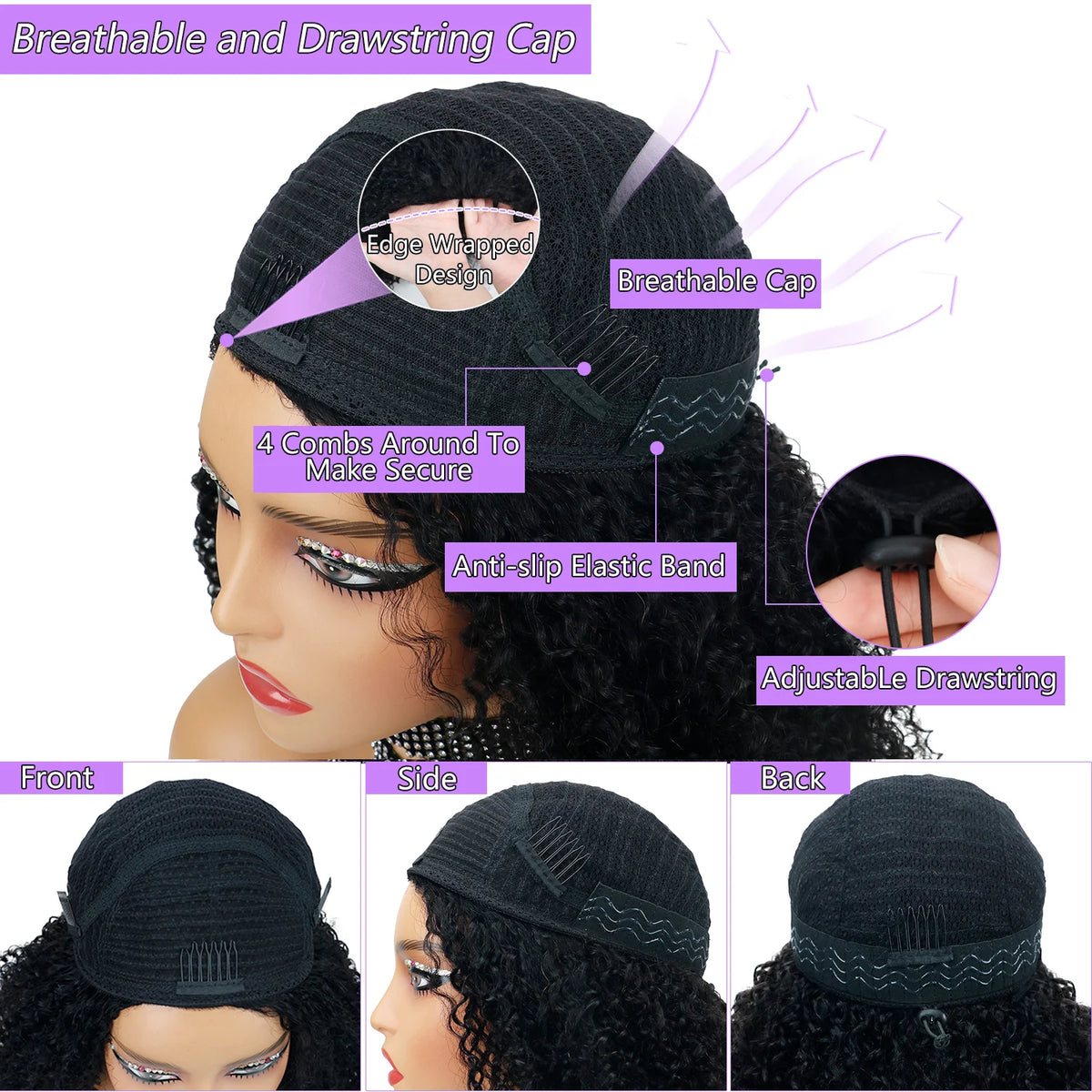 16-32 Inch 3 IN 1 Half Wig With Drawstring Seamless Human Hair Wigs Curly Wig Upgrade for Women Summer Machine Wigs