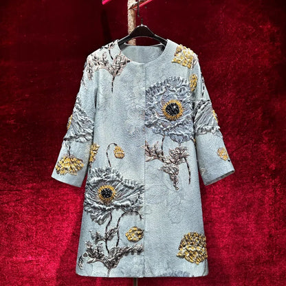 2025 Luxury Girls Vintage Embroidery Jacket Women Floral Beading Long Coat Wide Waisted O-neck Outwear Trench 2/3 Sleeves