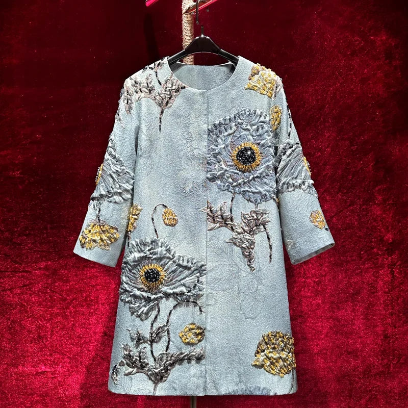 2025 Luxury Girls Vintage Embroidery Jacket Women Floral Beading Long Coat Wide Waisted O-neck Outwear Trench 2/3 Sleeves