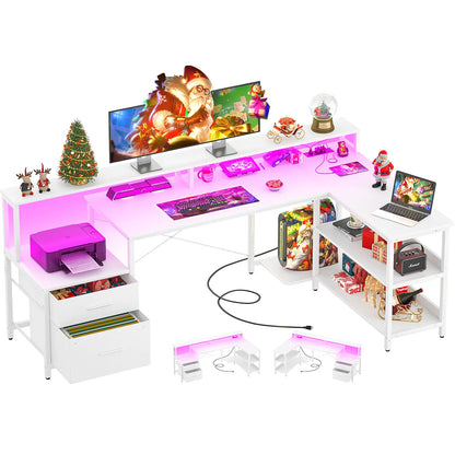 Aheaplus Reversible L Shaped Desk / Home Office Desk / Gaming Desk with File Drawer & Power Outlet & LED Strip - Kimlud