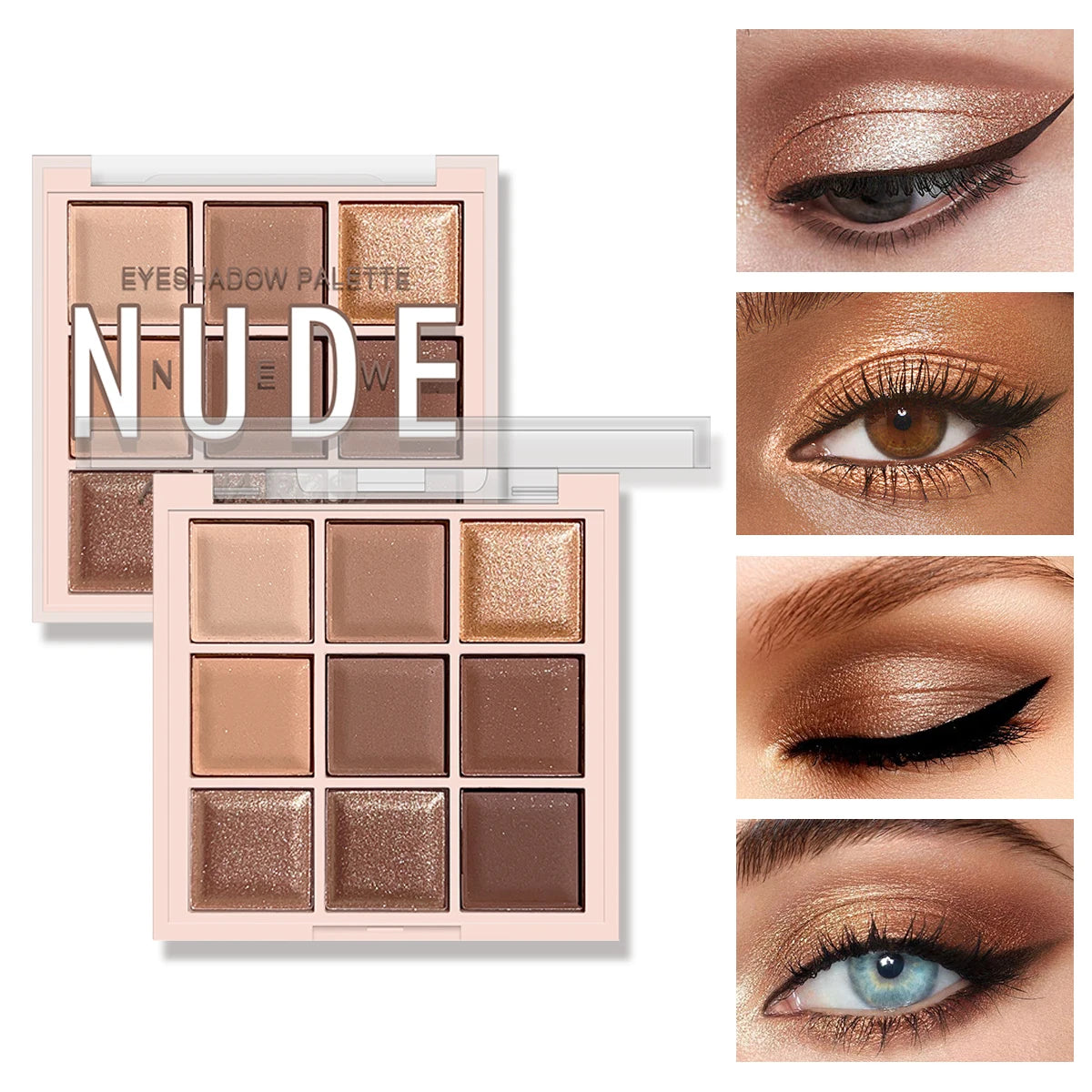 9-color eyeshadow palette, coffee brown & nude metallic tones, matte glitter & metallic finish, smoky makeup, party & stage