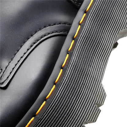 Women's Motorcycle Boots 10 Holes Thick Bottom Side Zipper British Style Long Booties Flatform Work Boots round Toe Mid Heel