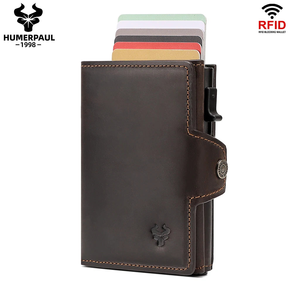HUMERPAUL Men Card Holder with Money Pocket Crazy Horse Leather Pop Up Minimalist Wallet RFID Blocking Slim Metal Bank Card Case