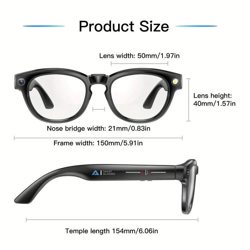AI Voice Assistant Smart Glasses - Wireless Calls, AI Translation,  with LED Flashlight Remote Camera, Music Playback,  Gift