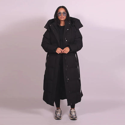 Warm Women's Puffy Quilted Hooded Long Cotton Coat Loose Solid Stand Collar Lace Up Zipper Overcoats 2025 Winter Lady Outwear