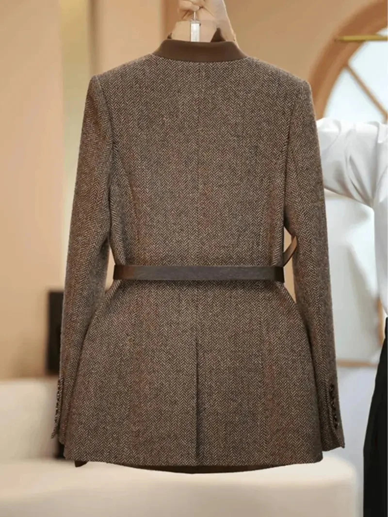 Plus Size 4XL High Quality Coffee colored Suit Jacket For Women Spring Outwear Fashion Simple Wool Coat Autumn Blazer With Belt