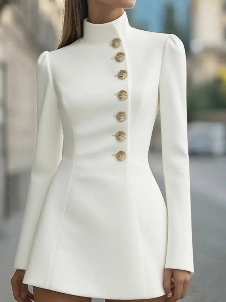 Spring Women's Elegant Stand Blazer Dress Fashion Single-breasted Solid Mini Dress Casual Long Sleeve Slim Party A-line Dresses