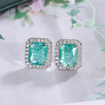 Beautiful 925 Sterling Silver Earrings for Women's Shiny Green AAAA Zircon Earrings Stylish Geometric Jewelry Party Earrings