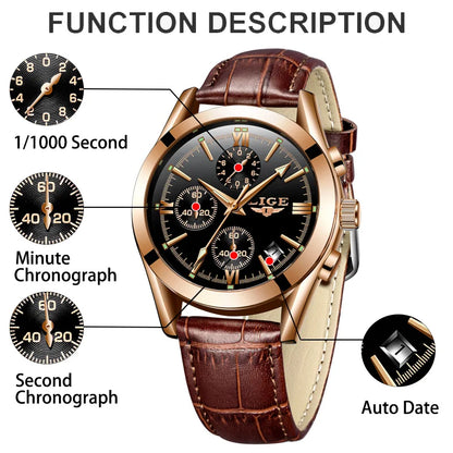 LIGE Fashion Men Watches Top Brand Luxury Military Quartz Watch for Men Business Leather Waterproof Casual Sport Chronograph New