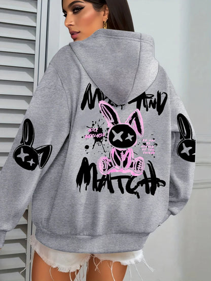 Mix And Match Cartoon Rabbit Prints Women Hoodie Pocket Streetwear Harajuku Loose Hoody All-Match Fleece Female Clothing