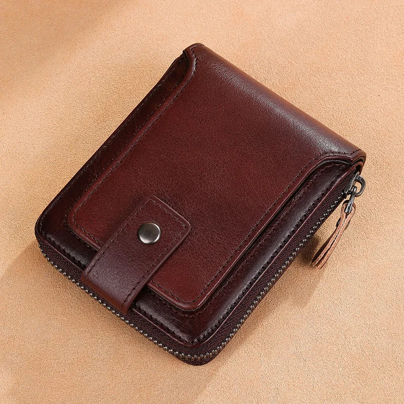 Vintage top layer cowhide anti-theft brush, anti demagnetization 2 large cash slots, buckle zipper wallet, large...