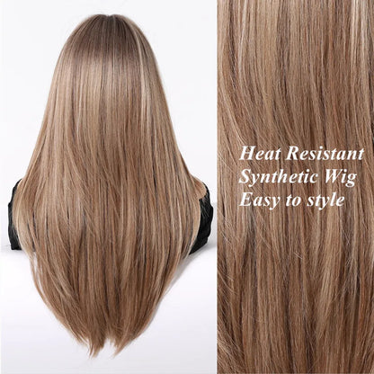ALAN EATON Chestnut Brown Synthetic Wig with Bangs Long Straight Wig Natural Layered Hair Smooth Soft Daily Wig Heat Resistant