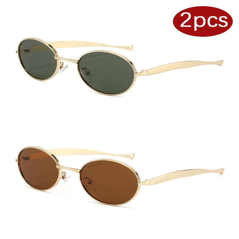 2pcs Y2K Oval Small Frame Unique Sunglasses Women Luxury Brand Metal Sun Glasses Punk Style Colorful Popular Eyeglasses UV400 - Kimlud