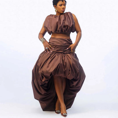Custom Brown High Low Skirt African Pleated Satin Evening Party Skirts Coco Ruffles Bubble Skirt Aso Ebi Style Birthday Skirt