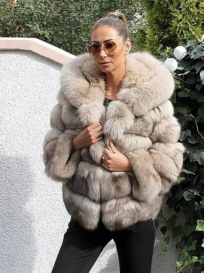 DEAT Fashion Imitation Fox Fur Grass Jacket Women's Hooded Loose Long Sleeves Patchwork Plush Thick Coat Winter New 7A975