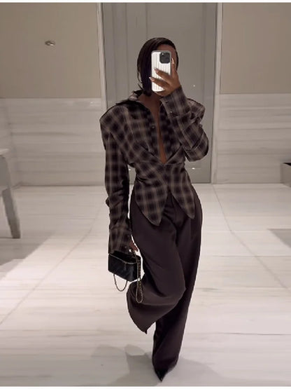 Women Chic Design Sense Plaid Shirt Fashion Casual Waist Cinched Slim Fit Long Sleeved Sexy Shirts  Autumn Stylish Women Tops