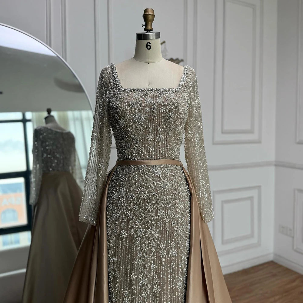 Serene Hill Customized Arabic Caramel Mermaid With Overskirt Beaded Evening Dresses Luxury Gowns For Formal Occasion...