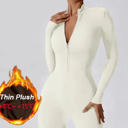 Warm Thin Fleece Jumpsuits Women's Tracksuit Winter One-Piece Sports Suit Black Fitness Jumpsuit Long Sleeves Workout Bodysuit - Kimlud