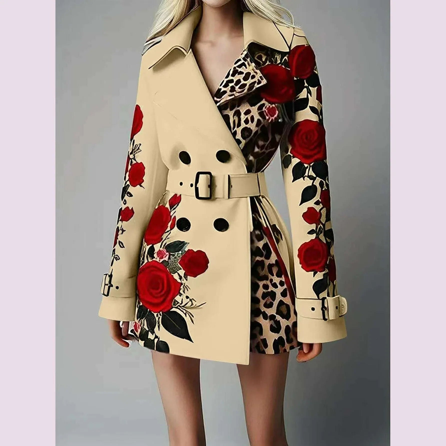 New Women's Spring Rose Leopard Print Suits Spring Office Elegant Slim Long Sleeve Coats Clothing With Belt For Women 2025 White