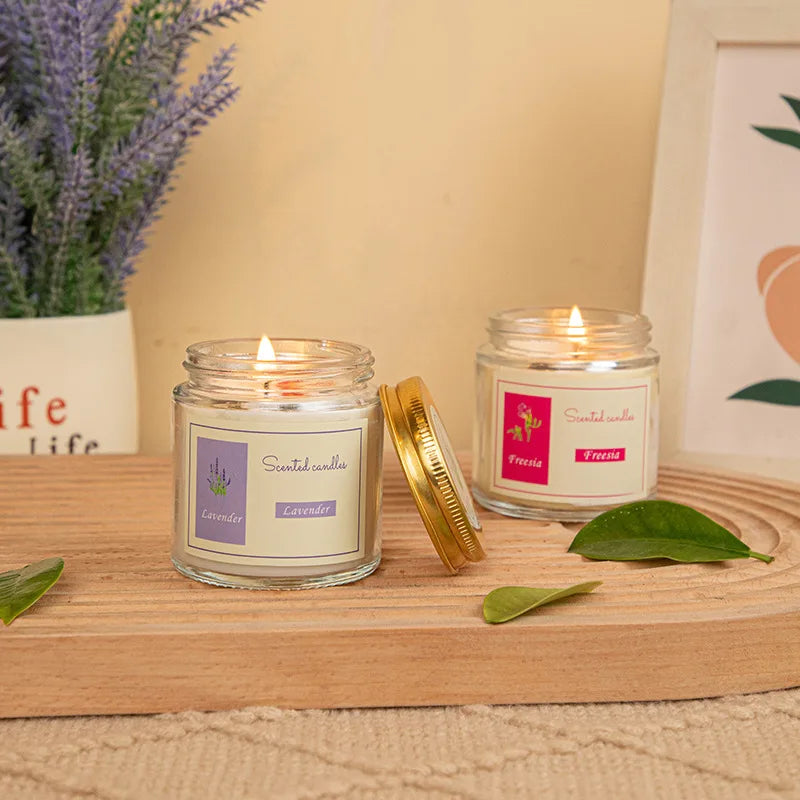 Lavender Scented Candles with Glass Jar Packaging and Gold Lid - Aromatherapy Accents Relaxing Bedroom & Living Room Fragrance