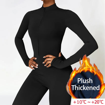 Warm Plush Sports Jumpsuits Women's Tracksuit One-Piece Fitness Suit Winter Gym Sets Long Sleeves Black Exercise Bodysuit Woman - Kimlud