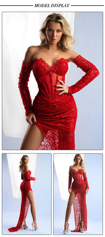 VC Luxury Women'S Dress Sparkly Red Sequins Patchwork Lace High Split Maxi Long Gowns With Gloves 2024 Summer New