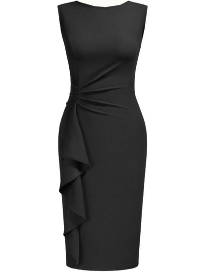 Women Elegant Crew Neck Sleeveless Retro Slim Work Office Cocktail Party Business Ruffle Casual Sheath Bodycon Pencil Dress - Kimlud