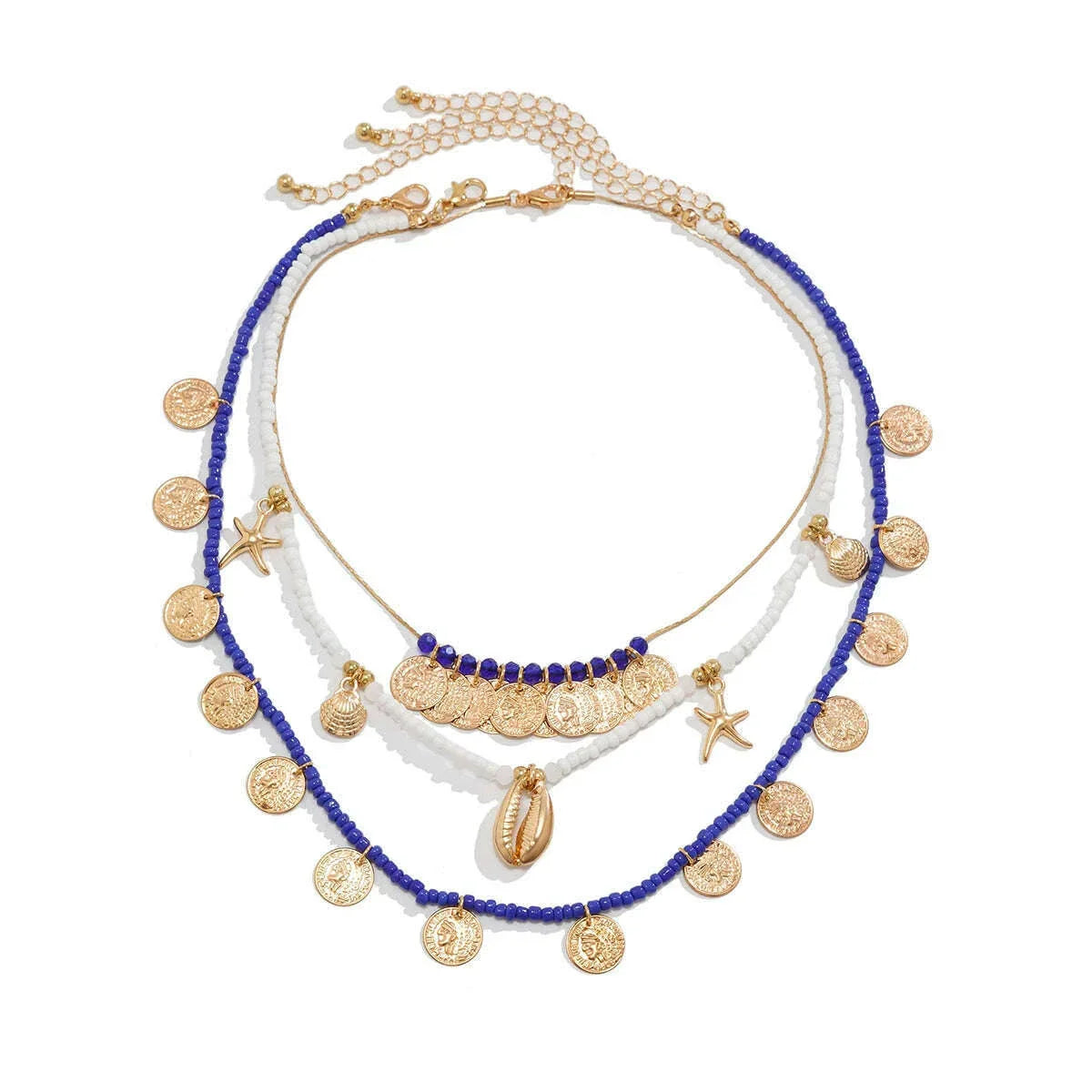 Ingemark 3Pcs/Set Boho Seed Beads Chain Necklace for Women Beach Vintage Metal Conch Starfish Coin Pendant Choker Y2K Jewelry