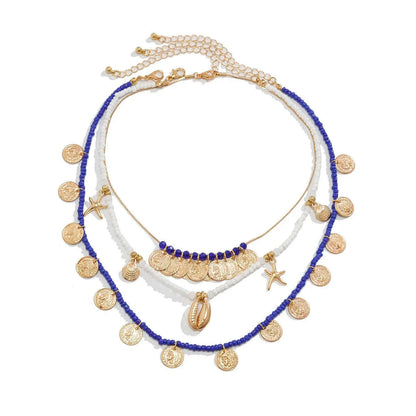 Ingemark 3Pcs/Set Boho Seed Beads Chain Necklace for Women Beach Vintage Metal Conch Starfish Coin Pendant Choker Y2K Jewelry