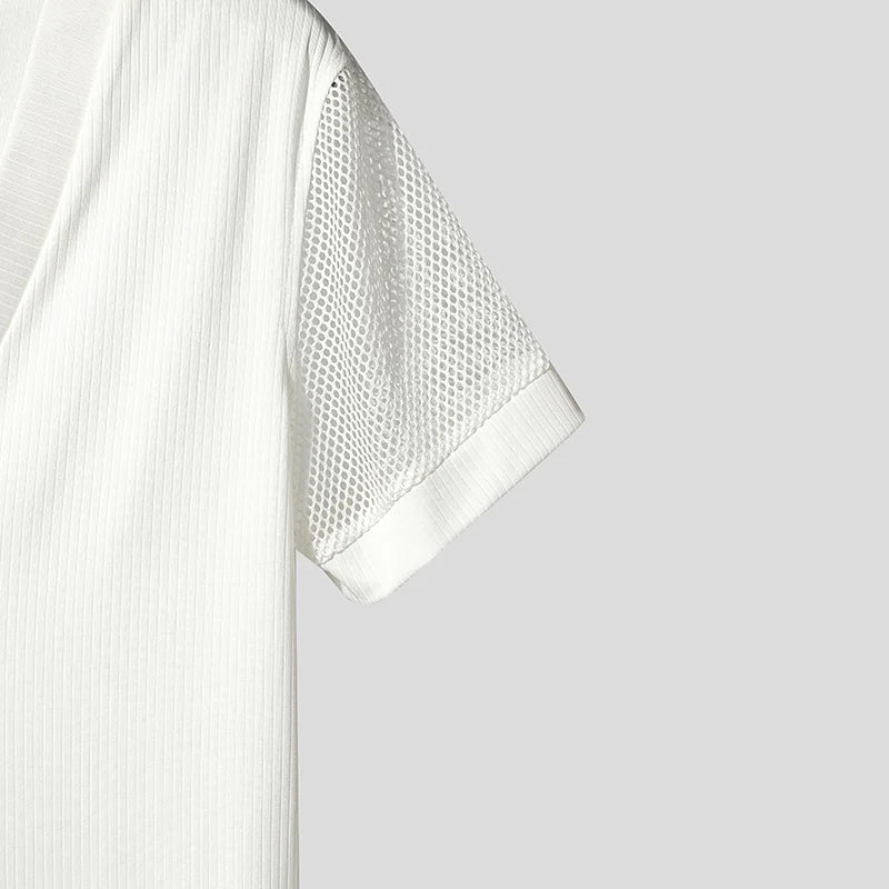 INCERUN Men T Shirt Mesh Patchwork V Neck Short Sleeve Male Tee Tops Summer Streetwear 2025 Fashion Casual Men Clothing S-5XL - Kimlud