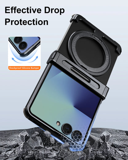 Oatsbasf Metal Frameless Phone Case for Samsung Galaxy Z Flip 7 with Kickstand 360°Rotation Magnetic Shockproof Protective Cover