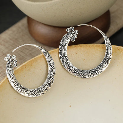Vintage Ladies' Crescent Hoop Earrings Retro Ethnic Patterned Wide Circle Design Earrings Bohemian Style Jewelry Accessory