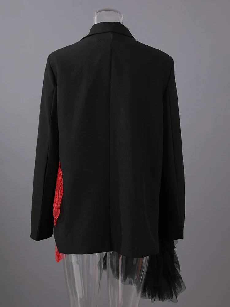 [EAM] Women Black Mesh Irregular Fish Spliced Big Size Blazer New Lapel Long Sleeve Jacket Fashion Spring Autumn 2025...