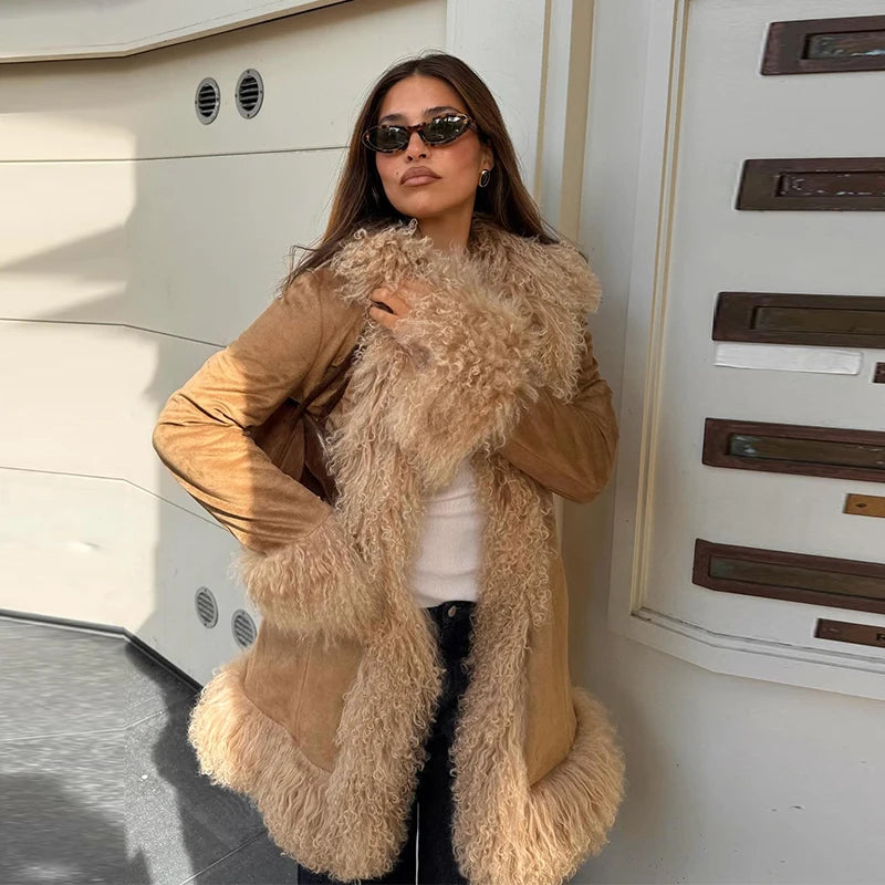 Vintage Patchwork Women's Faux Fur Trim Coat Urban Lapel Full Sleeve Female Jacket Female 2026 Spring Winter Lady Streetwear New