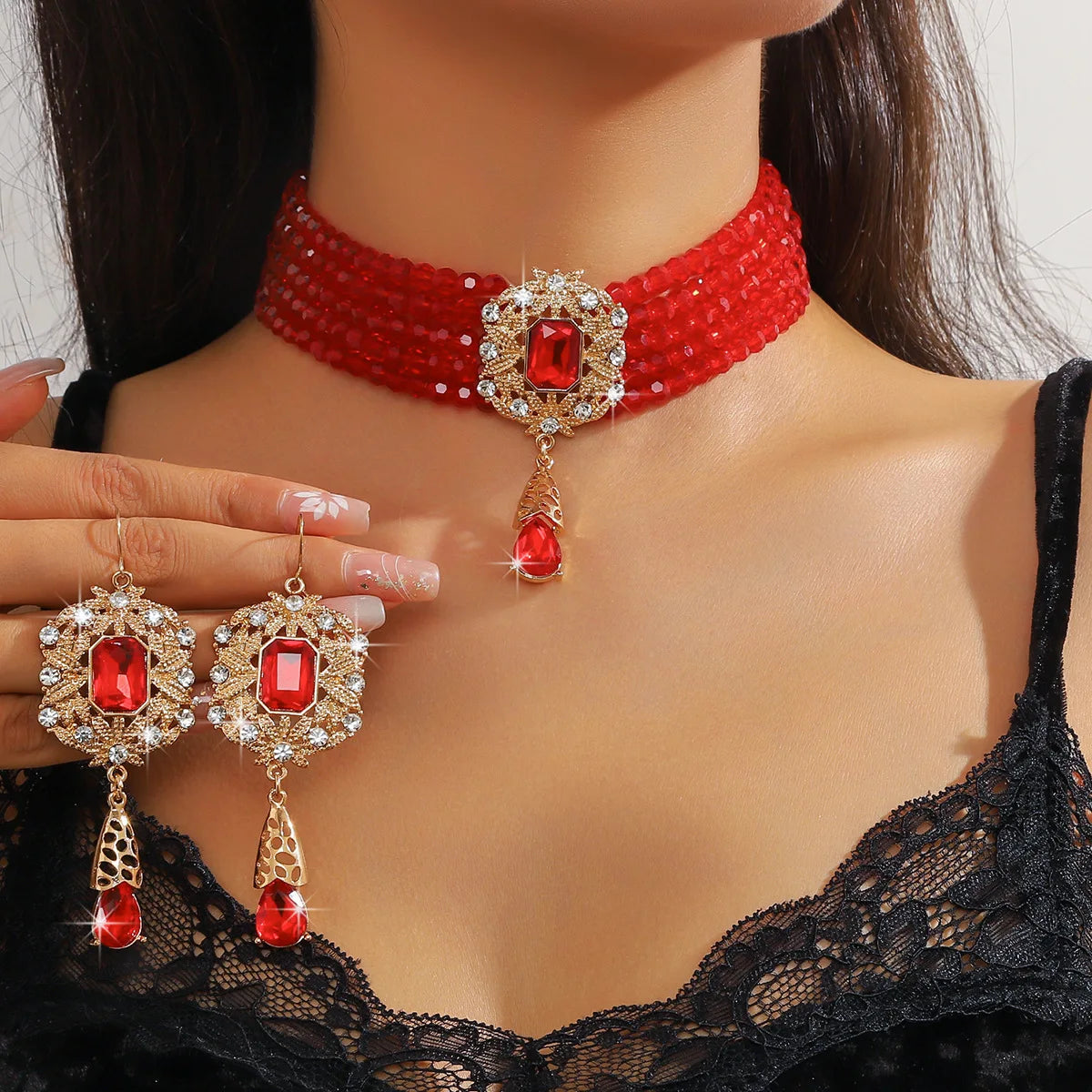 FYUAN Multilayer Green Red Blue Black Crystal Necklace Geometric Hollow Alloy Earrings For Women Weddings Banquet Jewelry Sets