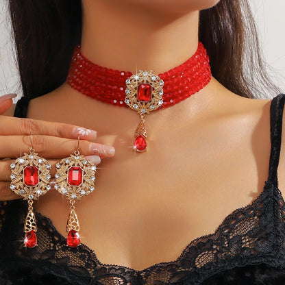 FYUAN Multilayer Green Red Blue Black Crystal Necklace Geometric Hollow Alloy Earrings For Women Weddings Banquet Jewelry Sets