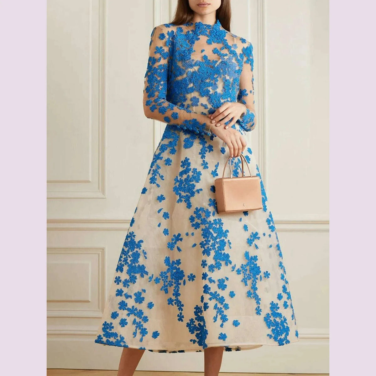 Elegant Women Dress Long Sleeve Cinch Waist Floral Appliques Pleated A-Line Fashion Party Wedding Guest Midi Dress 2025