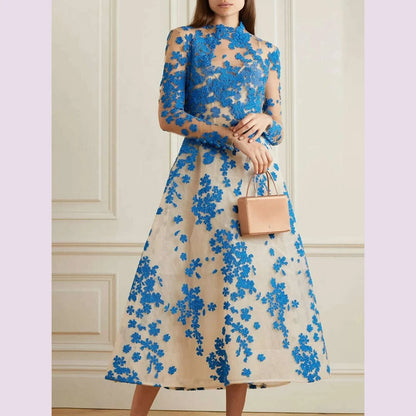 Elegant Women Dress Long Sleeve Cinch Waist Floral Appliques Pleated A-Line Fashion Party Wedding Guest Midi Dress 2025