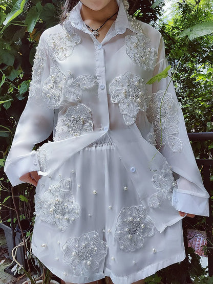 Fairy 3D Flowers Embroidery Sequined Chiffon Shirts Mesh Soliced Pearls Blouses Sunscreen Cardigan Tops+Elastic Shorts...