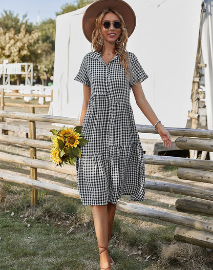 2026 Women's Checkered Short-Sleeve Shirtdress Single-breasted Button-down Short-sleeved Dress Casual Country-style Long...