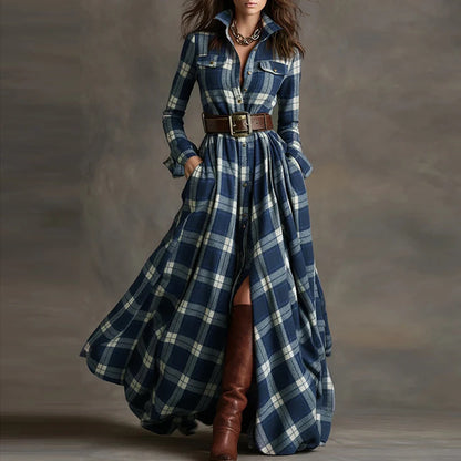 Fall Retro Plaid Print Swing Long Dresses Woman Sexy Single Breasted Lapel Shirt Dress Casual Long Sleeve Pocket Slit Maxi Dress
