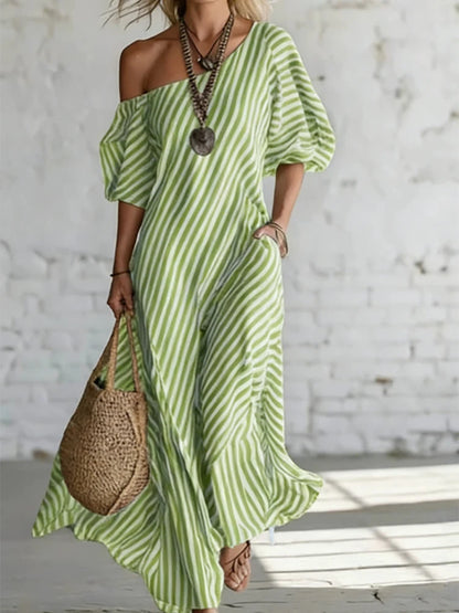 Comfortable daily single shoulder bubble sleeve dress with classic striped print 2026 summer new casual loose long dress