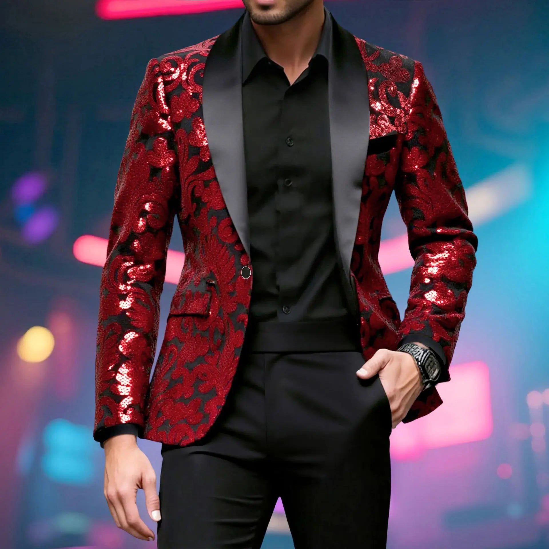 Shiny Sequin Embellished Single Button Stage Performance Outerwear in Blue Gold Green Purple Options for Men's Red Suit...