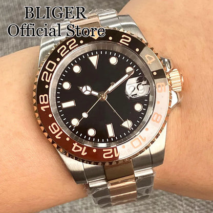 20ATM Waterproof 40mm Rose Gold NH34 GMT Automatic Watch For Men Steel Strap Ceramics Bezel Sapphire Glass Luminous