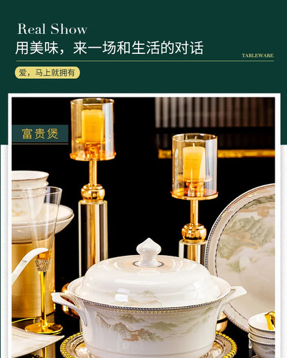Jingdezhen dish set housewarming tableware set bowl and plate ceramic tableware set light luxury plate bowl | Kimlud...