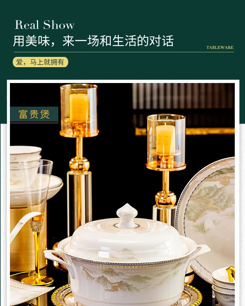 Jingdezhen dish set housewarming tableware set bowl and plate ceramic tableware set light luxury plate bowl | Kimlud...