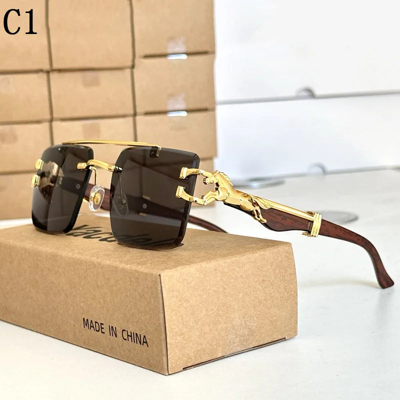 wood Grain Sunglasses Women Trendy 2024 Rimless Sunglasses Men Vintage Designer Fashion Glasses Lentes De Sol Mujer...