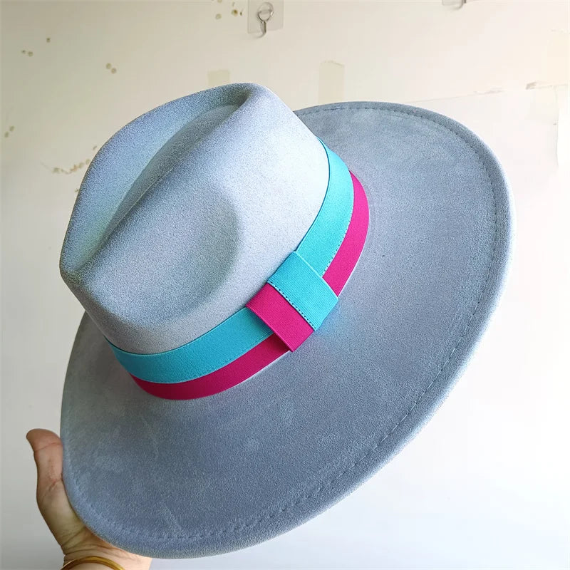 Colorblock Ribbon Colorful Suede Hat Autumn and Winter Women's Felt Hat Wide Brim Hat British Style Retro Men's Gorras Hombre - Kimlud