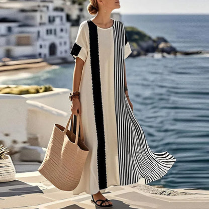 Spring Elegant Crew Neck Holiday Beach Dress Woman Chic Contrast Color Patchwork Long Dress Summer Short Sleeve Split Boho Dress