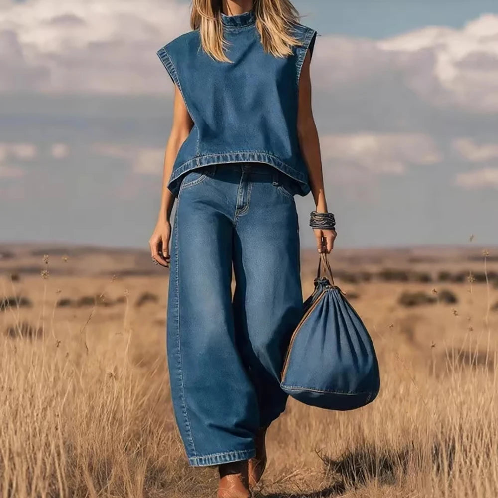 Women's Vintage Western Faux Suede Vest Top Two Piece Set Solid Crew Neck Sleeveless Loose T-Shirt With Wide Leg Pants...